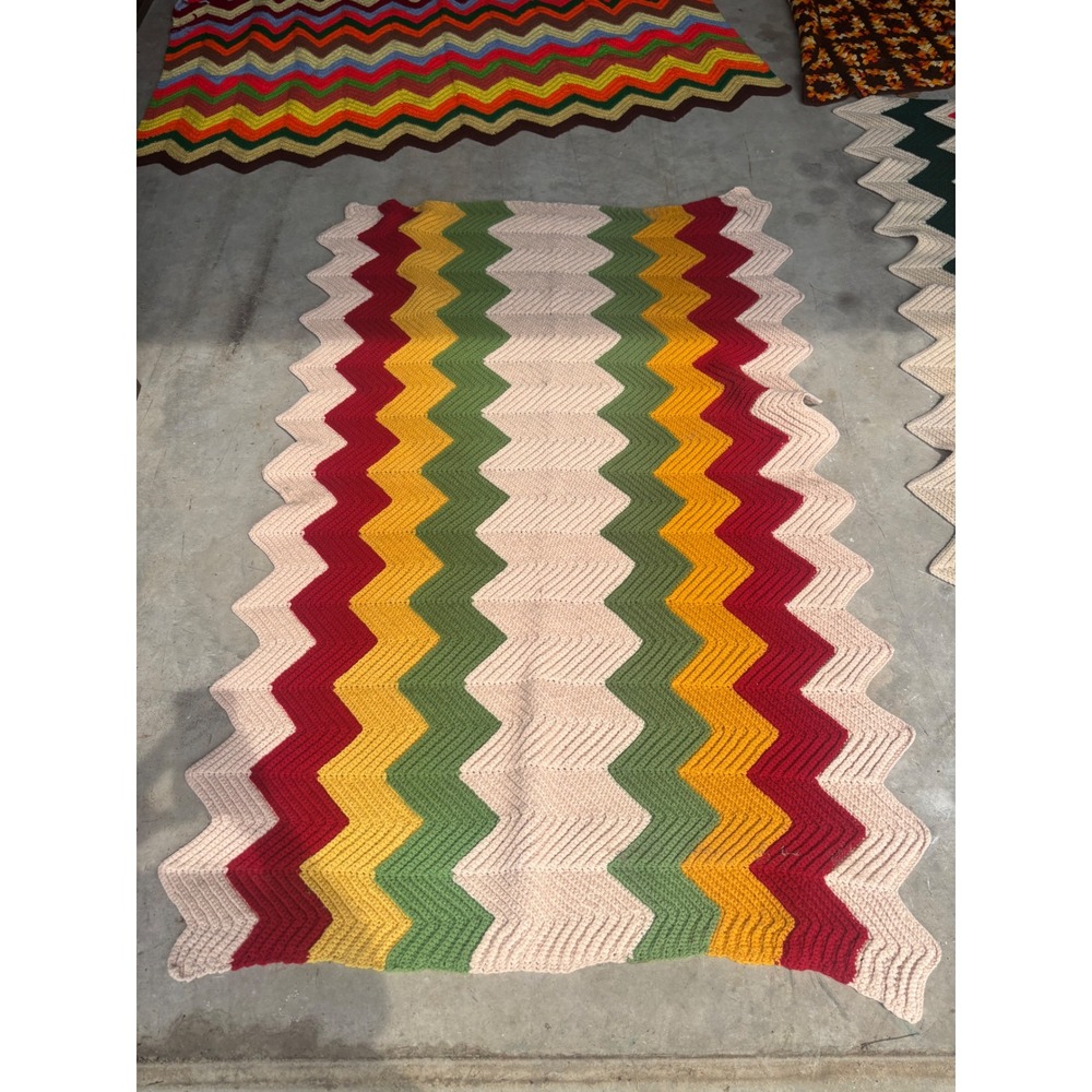 Vintage 70's Handmade Crochet Chevron Ripple Afghan Blanket 58x38 Retro Whimsy